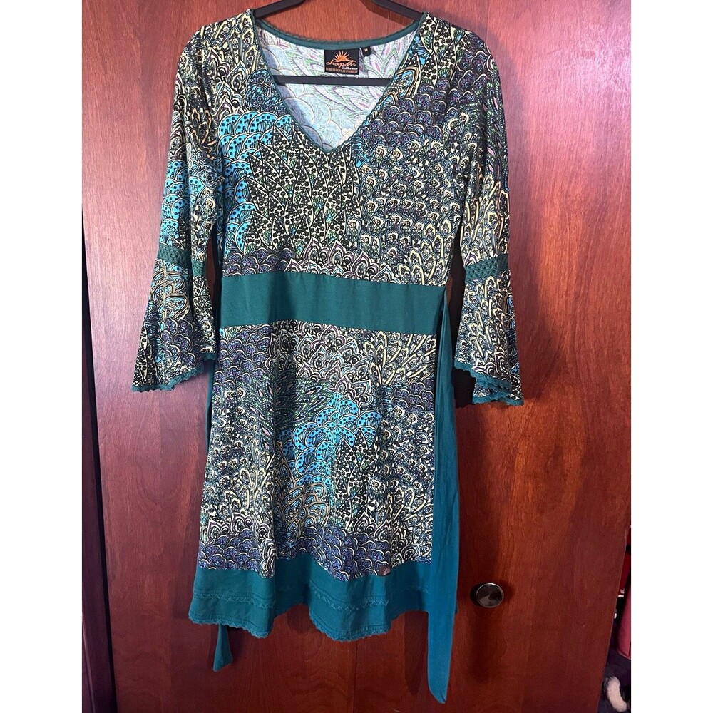 Chapati Berlin Organic Cotton Green Paisley Shift Dress Bell Sleeves Womens M